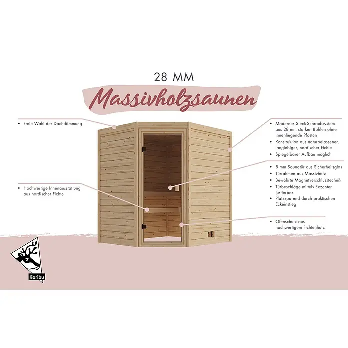 Karibu Elementsauna Corner - Mit Ofen, L x B x H: 170 x 196 x 202 cm - Helle Ecksauna aus naturbelassenem Massivholz mit 8 mm Sicherheitsglastür und nordischer Fichtenholzkonstruktion.