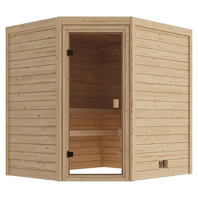 Karibu Elementsauna Corner - Mit Ofen, L x B x H: 170 x 196 x 202 cm - Leichte Holz-Ecksauna mit Glastür und Innenbänken.
