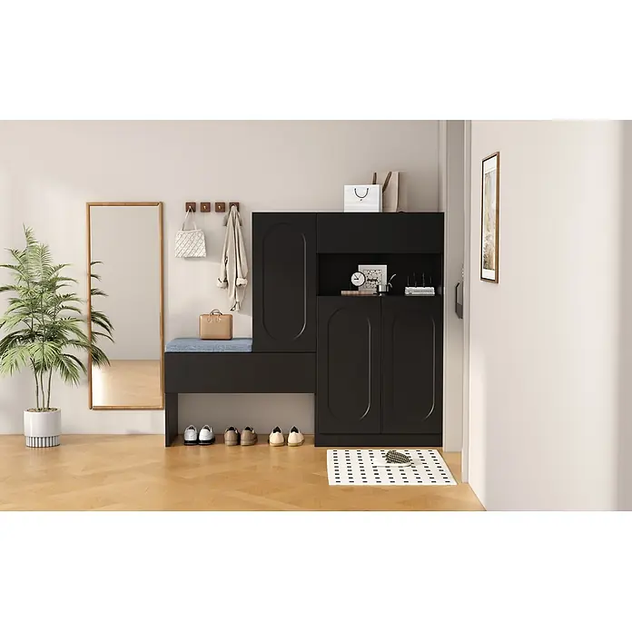 SONNENH Schuhschrank - Schwarz/Grau - Schwarzer Flurschrank mit integrierter Bank und Schuhablage, mit Spiegel und Pflanze dekoriert.