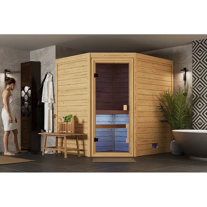 Karibu Elementsauna Corner - Mit Ofen, L x B x H: 170 x 196 x 202 cm - Helle Holzsaunakabine in modernem Badezimmerambiente.