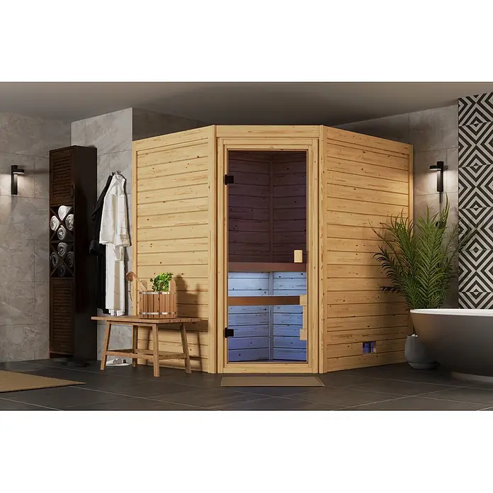 Karibu Elementsauna Corner - Ohne Ofen, L x B x H: 170 x 196 x 202 cm - L-förmige Saunakabine aus hellem Holz, ideal für ein modernes Wellness-Badezimmer.