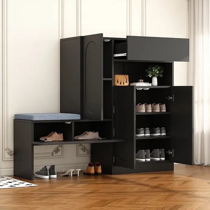 SONNENH Schuhschrank - Schwarz/Grau - Großer dunkelgrauer Schuhschrank mit blauer Sitzbank, der organisierten Stauraum und Sitzgelegenheiten für den Eingangsbereich bietet.