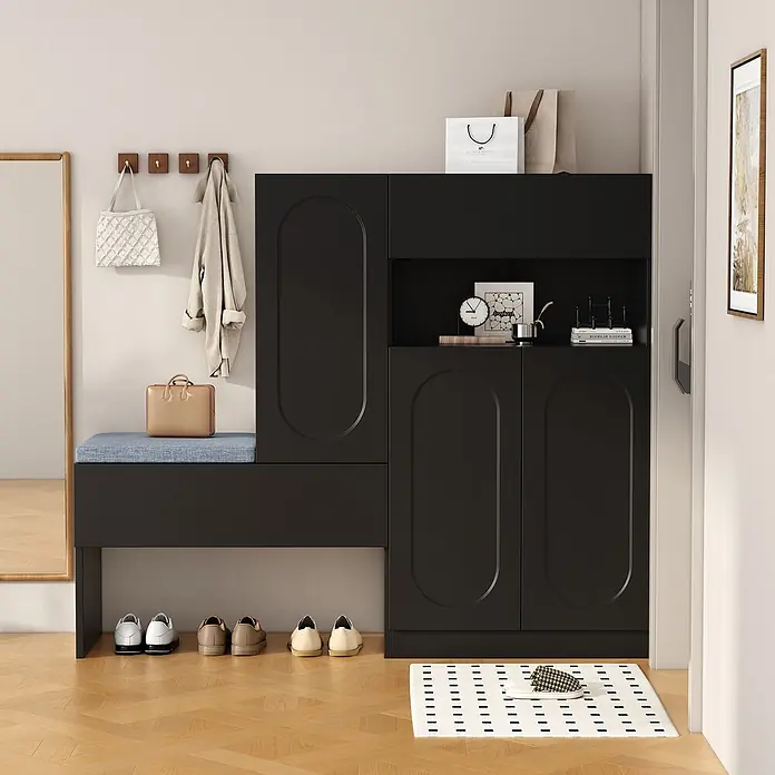 SONNENH Schuhschrank - Schwarz/Grau - Schwarze Fluraufbewahrungseinheit mit Sitzbank, Schuhschrank und Garderobenhaken, blaue Polsterung und Holzdetails.