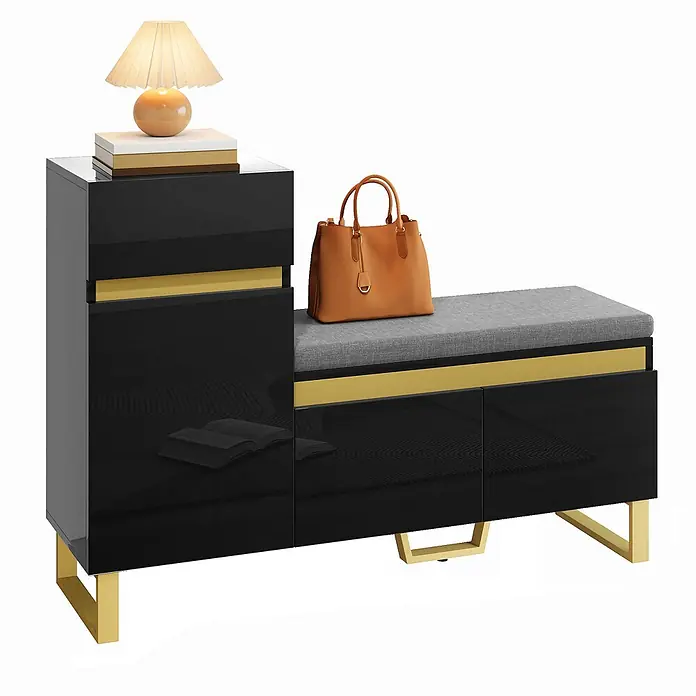 SONNENH Schuhschrank - Schwarz/Gold - Schwarz hochglänzender Schuhschrank mit Sitzbank, goldenen Akzenten und grauem Polsterkissen. Bietet Stauraum und Sitzgelegenheit.