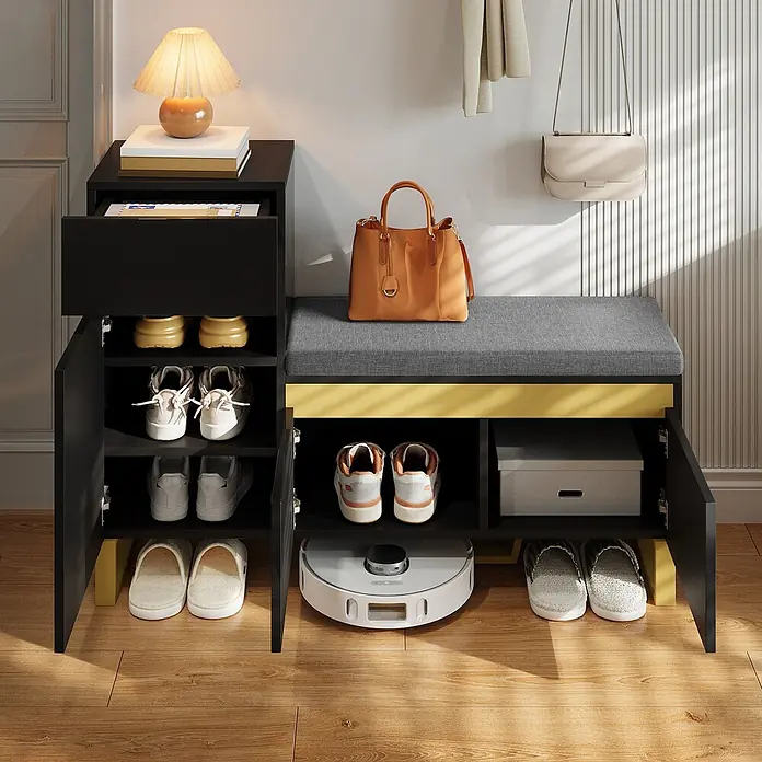 SONNENH Schuhschrank - Schwarz/Gold - Schwarze Schuhschrankbank für den Eingangsbereich mit grauem Kissen und gelben Akzenten. Bietet Stauraum für Schuhe, Schublade, Sitzgelegenheit und Roboterstaubsauger-Platz.