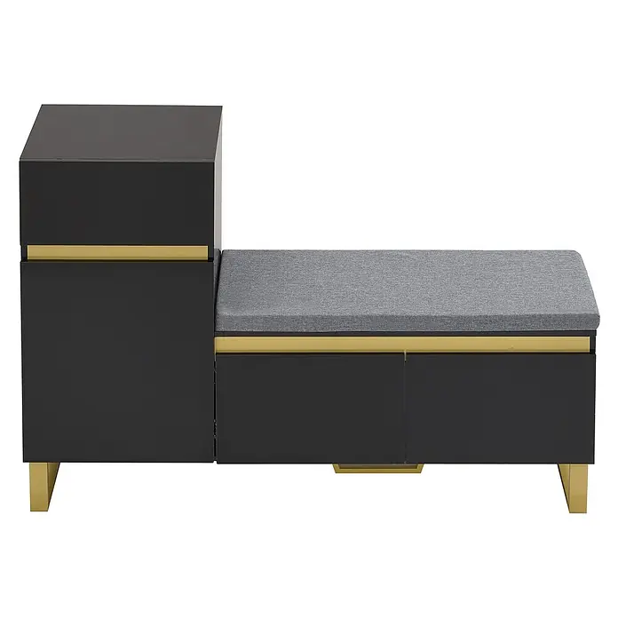 SONNENH Schuhschrank - Schwarz/Gold - Schwarze Flurbank mit grauem Stoffpolster und goldenen Akzenten, inklusive integriertem Stauraum.
