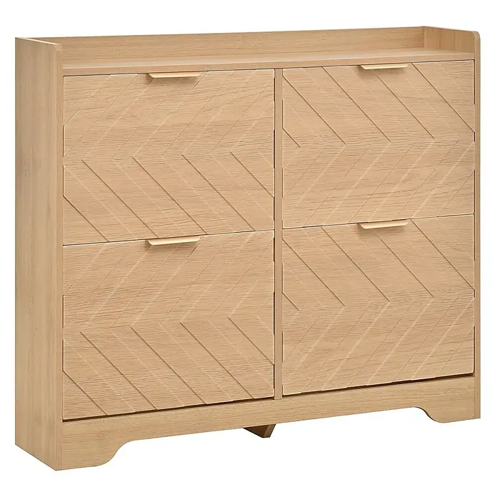 SONNENH Schuhschrank mit vier Klappfächern und 3D-Strukturfront, Natur -  - Helles Holz-Sideboard mit vier Türen/Schubladen im Chevron-Muster und goldenen Griffen.