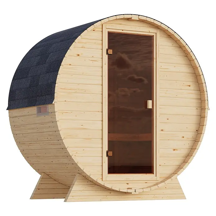 Karibu Saunahaus Samantha - Ohne Ofen, L x B x H: 140 x 225 x 229 cm - Hölzerne Fasssauna aus hellem Holz mit dunklem Schindeldach und getönter Glastür.