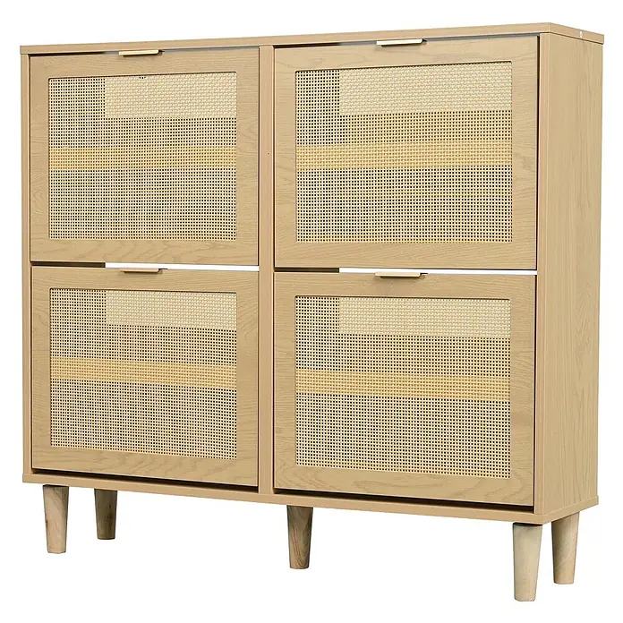 SONNENH Schuhschrank - Helle Eichenoptik - Heller Holzschrank mit vier Klapptüren aus Rattan und kleinen Beinen.
