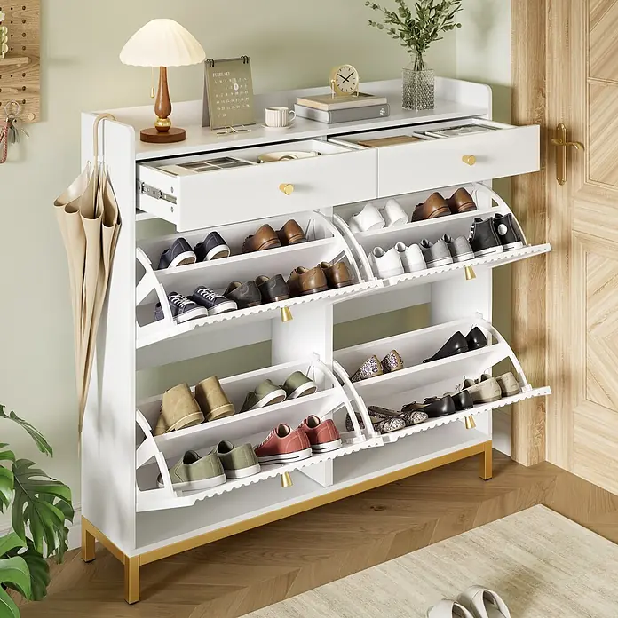 SONNENH Schuhschrank - Weiß - Weißer Schuhschrank für den Eingangsbereich mit goldenen Akzenten, mehreren kippbaren Fächern und Schubladen für Schuhe und Accessoires.