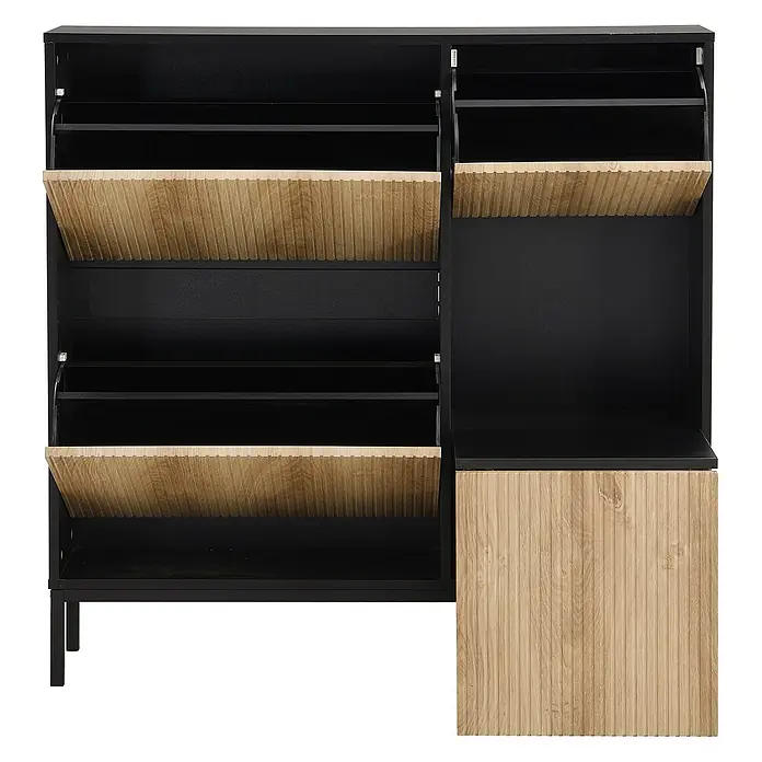 SONNENH Schuhschrank mit ausziehbarem Sitzhocker, Schwarz/Holzoptik -  - Schwarzer Schuhschrank mit geriffelten hellen Holzklappen und einem geschlossenen Schrankfach, einige Fächer sind offen.