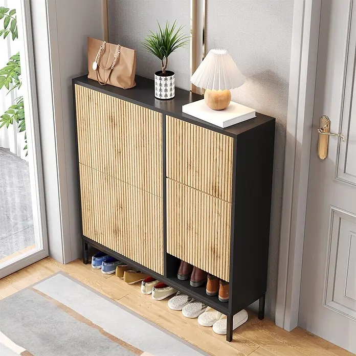 SONNENH Schuhschrank mit ausziehbarem Sitzhocker, Schwarz/Holzoptik -  - Schuhschrank in Schwarz mit lamellierten Türen in Holzoptik, im Flur als Schuhaufbewahrung und Ablage für Deko.