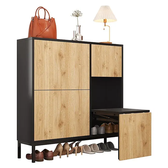 SONNENH Schuhschrank mit ausziehbarem Sitzhocker, Schwarz/Holzoptik -  - Schwarzer und holzfarbener Schuhschrank mit geschlossenen Türen, offenem Fach, Auszug und unterem Regal.