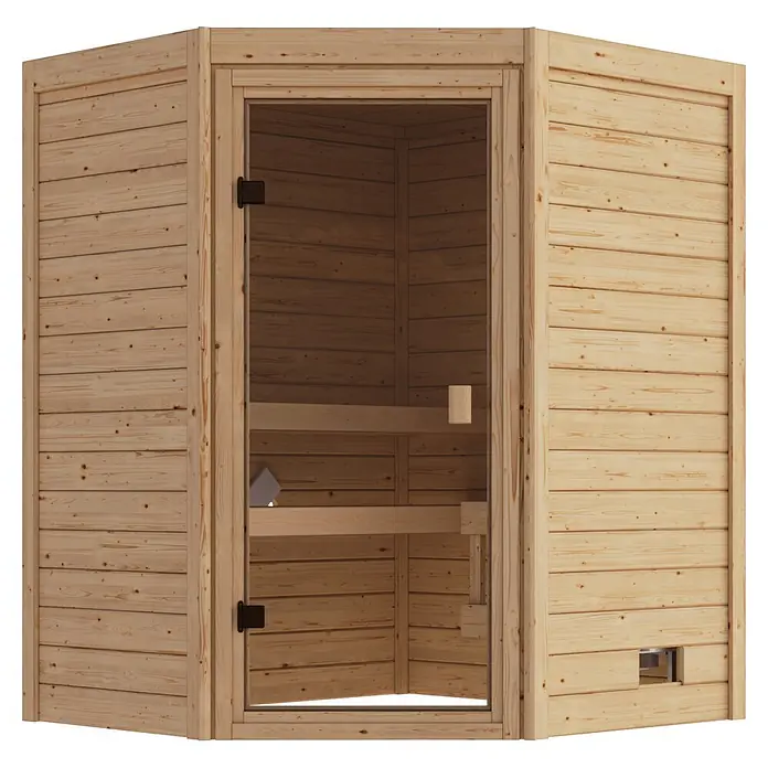 Karibu Elementsauna Oda Eck - Ohne Ofen, L x B x H: 145 x 148 x 190,5 cm - Ecksaunakabine aus hellem Naturholz mit klarer Glastür, die Holzsaunabänke im Inneren zeigt.