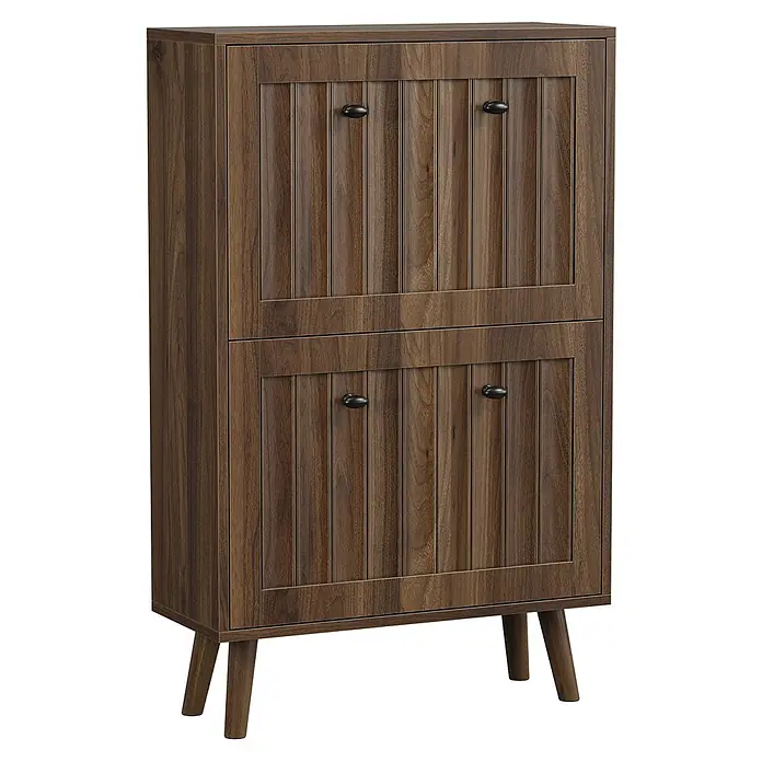 SONNENH Schuhschrank - Walnuss - Dunkelbrauner Holzschrank mit zwei Lamellentüren oben und zwei unten, schwarzen Griffen und konischen Beinen.