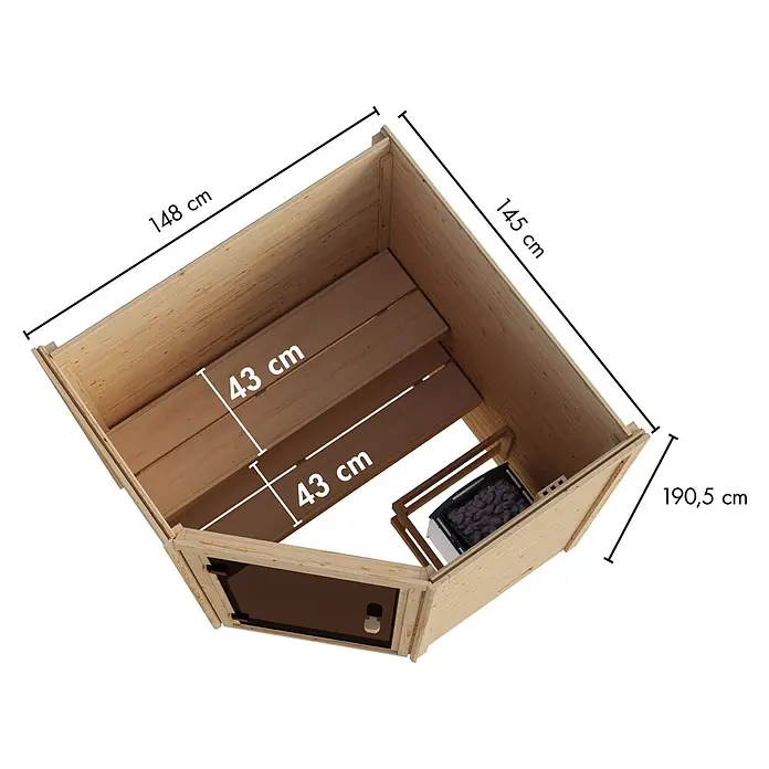 Karibu Elementsauna Oda Eck - Mit Ofen, L x B x H: 145 x 148 x 190,5 cm - Hölzerne Saunakabine mit zwei Bänken und Heizung. Maße: 148x145x190,5 cm, Bankbreite 43 cm.