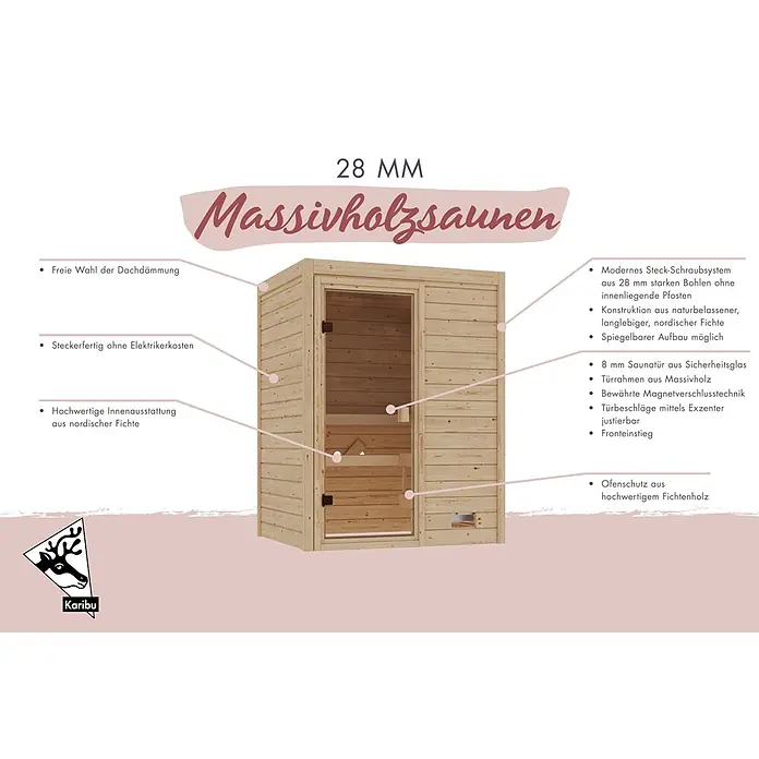 Karibu Elementsauna Oda - Mit Ofen, L x B x H: 145 x 148 x 190,5 cm - Massivholzsauna aus naturbelassener nordischer Fichte mit Glastür und 28 mm starken Wänden.