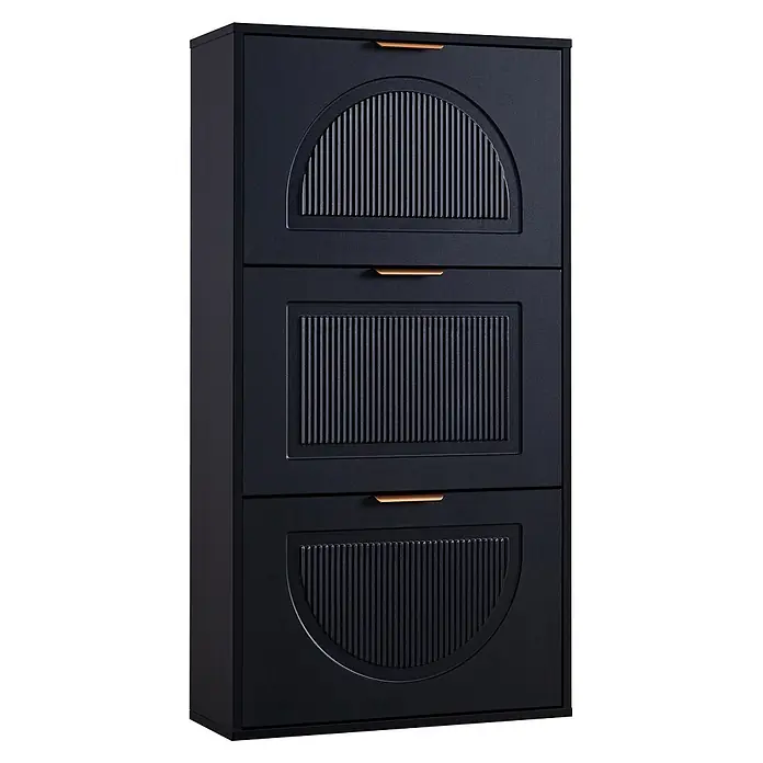 SONNENH Schuhschrank - Schwarz - Dunkelblauer Schuhschrank mit drei Kippfächern, strukturierten Rillenpaneelen und goldenen Griffen.