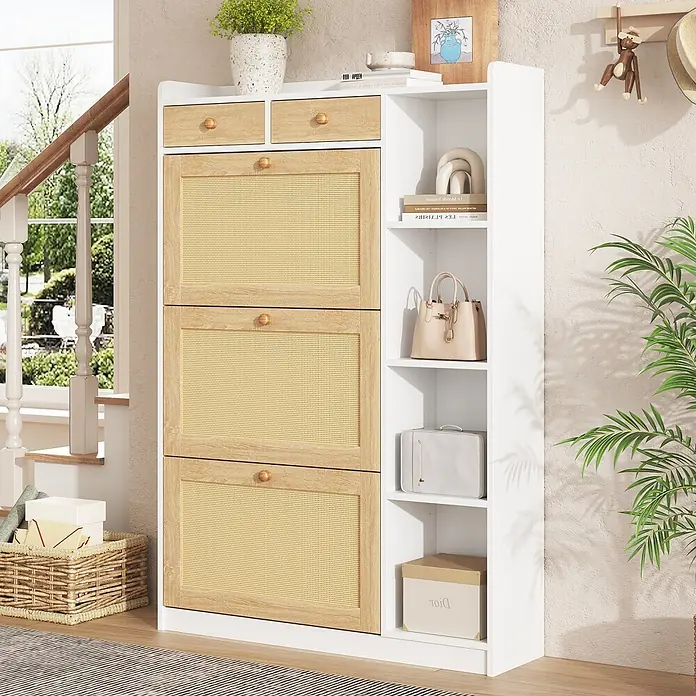 SONNENH Schuhschrank - Weiß/Natur - Weißer und hellbrauner Schuhschrank mit Rattanfronten und offenen Regalen für den Eingangsbereich.
