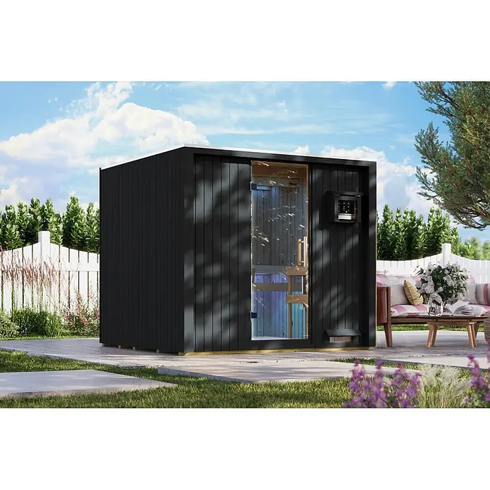Karibu Saunahaus Tim - Ohne Ofen, Schwarz, L x B x H: 224 x 219,5 x 196 cm - Schwarze Außensauna mit Glastür und Bedienfeld im Garten.