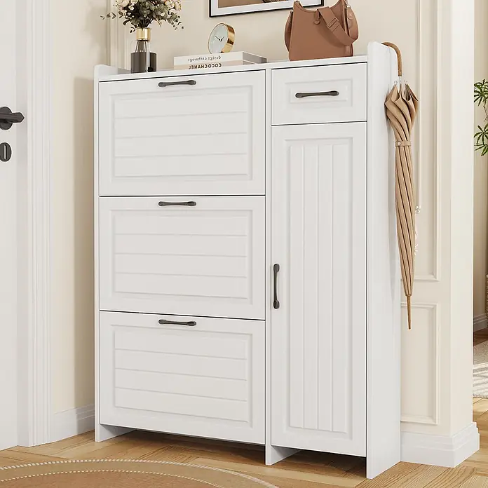 SONNENH Schuhschrank mit drei Klappfächern und Schublade, Weiß -  - Weißer Schuhschrank aus Holz mit mehreren Fächern und Seitenablage, ideal für den Eingangsbereich.