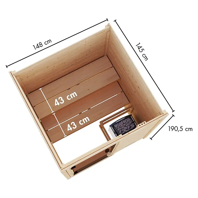 Karibu Elementsauna Oda - Mit Ofen, L x B x H: 145 x 148 x 190,5 cm - Hölzernes Sauna-Interieur mit zwei Bänken, Heizofen und Maßen: 148x145x190,5 cm, Bänke 43 cm tief.