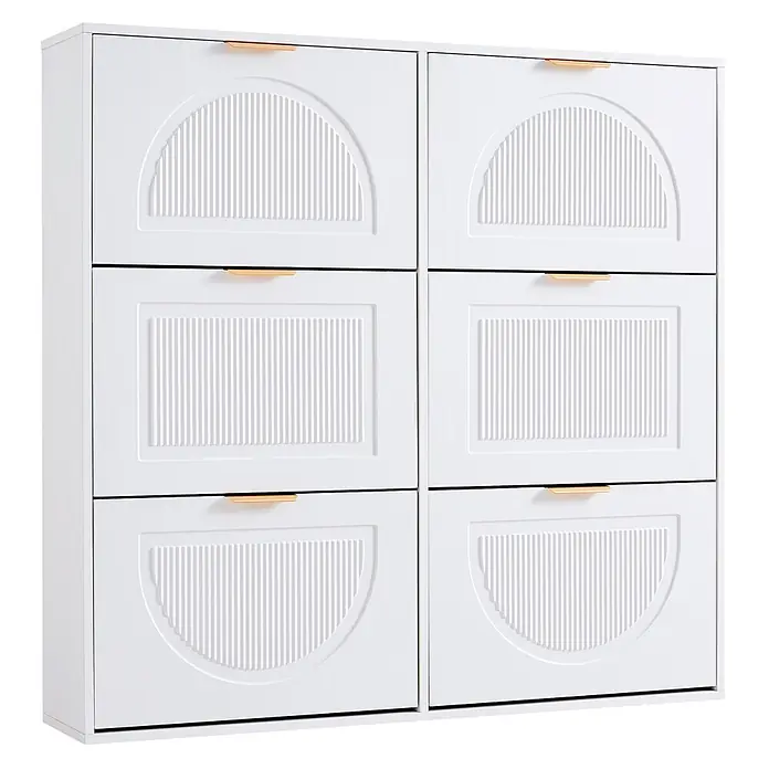 SONNENH Schuhschrank mit 6 Klappen und Bogenfront, Weiß -  - Weißer Hochschrank mit sechs Schubladen/Türen, mit gerippten halbkreisförmigen und rechteckigen Designs und goldenen Griffen.