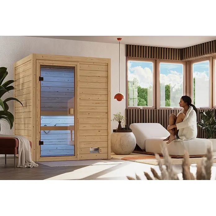 Karibu Elementsauna Oda - Mit Ofen, L x B x H: 145 x 148 x 190,5 cm - Helle Holz-Heimsauna mit Glastür, konzipiert zur Entspannung in einem modernen Wellness-Ambiente.