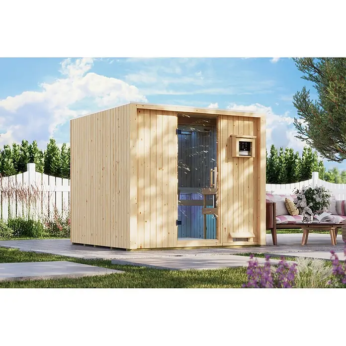 Karibu Saunahaus Tim - 9 KW Bio-Ofen mit externer Steuerung, Natur, L x B x H: 224 x 219,5 x 196 cm - Outdoor-Sauna aus hellem Holz mit Glastür und Bedienfeld im Garten.