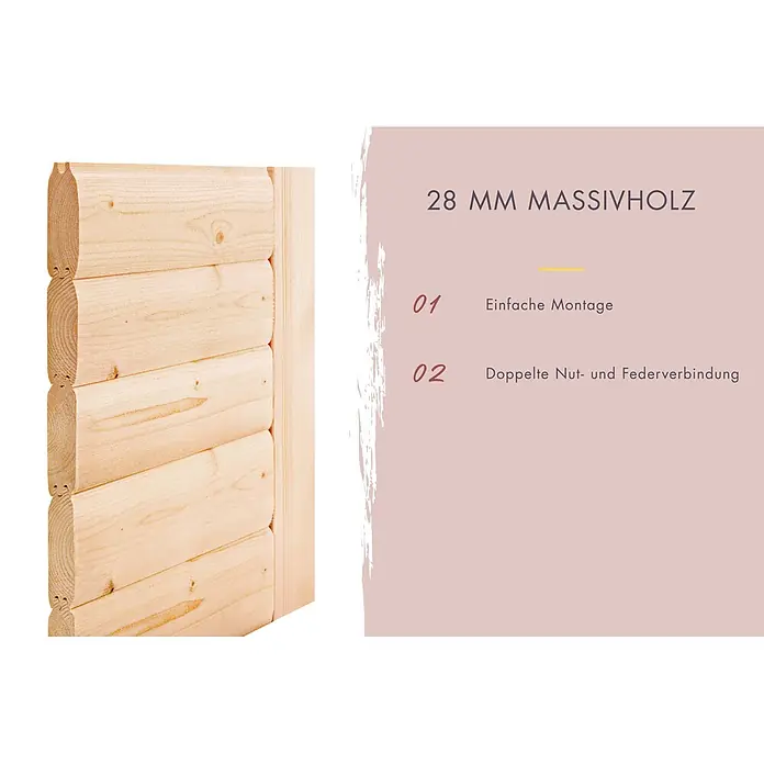 Karibu Elementsauna Oda Eck - Mit Ofen, L x B x H: 145 x 148 x 190,5 cm - 28mm Massivholz-Blockbohlen mit doppelter Nut- und Federverbindung.