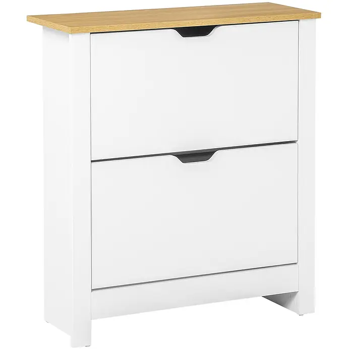 SONNENH Schuhschrank - Weiß/Natur - Weißer Schuhschrank mit zwei Kippschubladen und heller Holzplatte, mit dunkelgrauen Griffmulden.