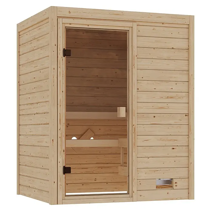 Karibu Elementsauna Oda - Ohne Ofen, L x B x H: 145 x 148 x 190,5 cm - Helle Holzsaunakabine mit Glastür und Innenbänken. Ideal zur Entspannung.