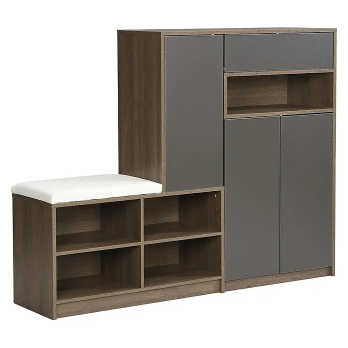 SONNENH Schuhschrank - Grau/Holzoptik - Braunes Holzmaserung und dunkelgraues Eingangsregal mit weiß gepolsterter Bank, offenen Fächern und geschlossenen Schränken.