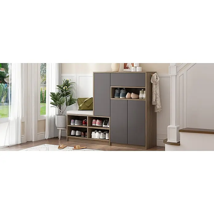 SONNENH Schuhschrank - Grau/Holzoptik - Eingangsschuhschrank mit gepolsterter Bank, Holzoptikrahmen und dunkelgrauen Türen, zur Aufbewahrung von Schuhen und einer Tasche.