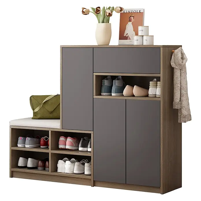 SONNENH Schuhschrank - Grau/Holzoptik - Schuhbank aus Holz und Grau mit gepolstertem Sitz, offenen Regalen für Schuhe und geschlossenen Schränken.