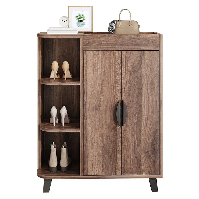 SONNENH Schuhschrank - Walnussoptik - Dunkler Holzschuhschrank mit offenen Regalen für Schuhe und einem geschlossenen Schrankteil mit zwei Türen und schwarzen ovalen Griffen.
