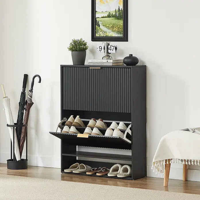 SONNENH Schuhschrank - Schwarz - Schwarzer gerillter Schuhschrank mit offenen Kippfächern für Schuhe und Hausschuhe.