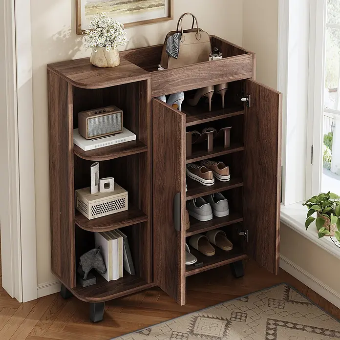 SONNENH Schuhschrank - Walnussoptik - Dunkelbrauner Holzschuhschrank mit offenen Regalen und zwei Türen, in einer Ecke als Eingangsbereichs-Organizer.