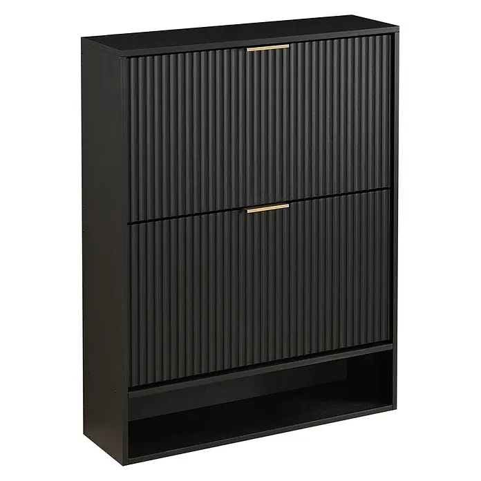 SONNENH Schuhschrank - Schwarz - Schwarzer Schuhschrank mit geriffelten Türen, goldenen Griffen und offenem Bodenfach.