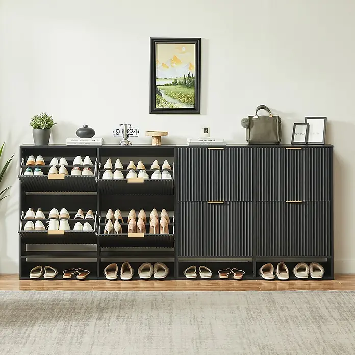 SONNENH Schuhschrank - Schwarz - Schwarzer geriffelter Schuhschrank mit mehreren Fächern für Schuhe.