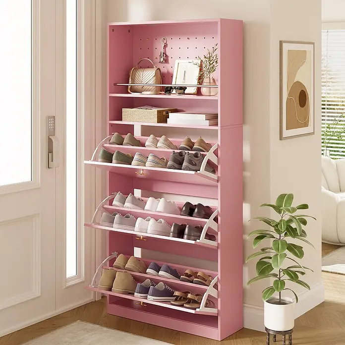 SONNENH Schuhschrank mit drei Klapptüren und Lochwand, Rosa -  - Rosa Schuhschrank mit Kippfächern und offenen Ablagen, perfekt für den Eingangsbereich.
