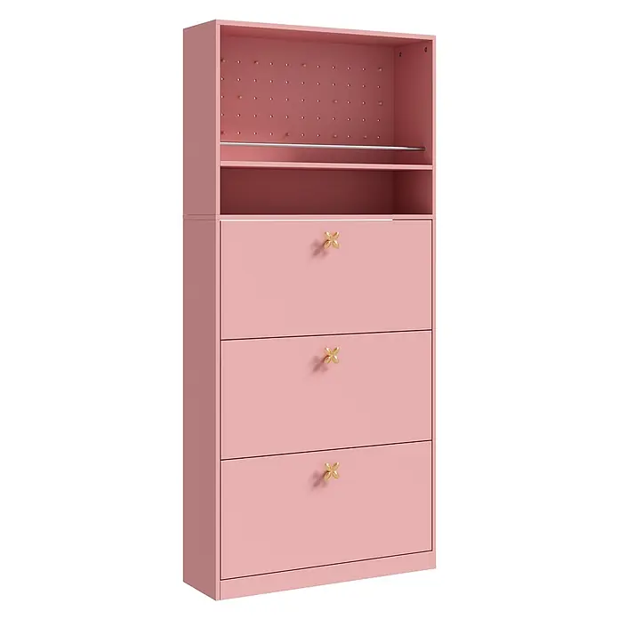 SONNENH Schuhschrank mit drei Klapptüren und Lochwand, Rosa -  - Pinkfarbene Aufbewahrungseinheit mit offenem Oberteil (Stiftwand, Stange) und drei Schubladen mit goldenen Schmetterlingsgriffen.