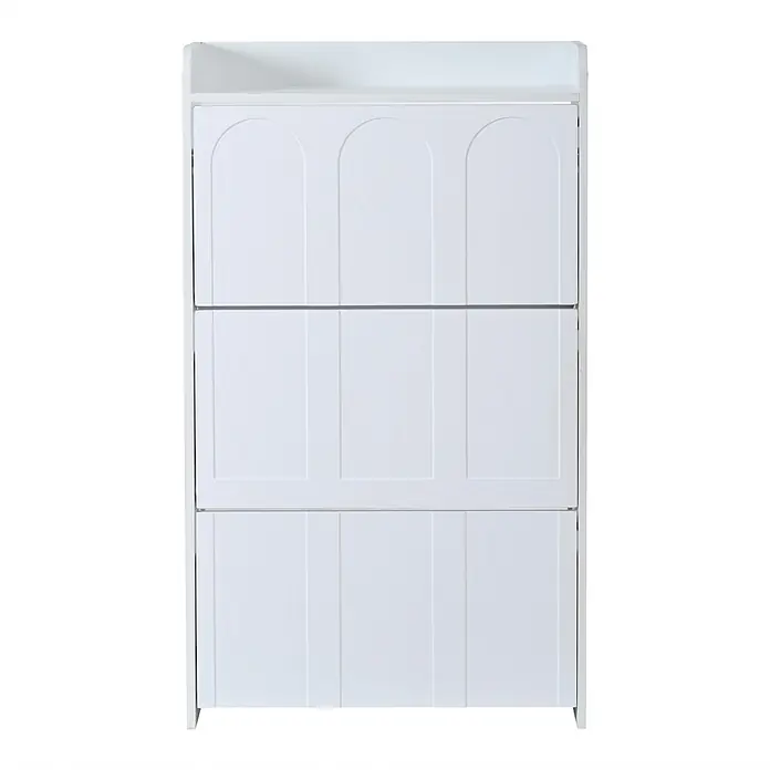SONNENH Schuhschrank mit Bogenrelief und Klappfächern, Weiß -  - Weißer Schuhschrank mit drei Klappfächern, mit gewölbten und rechteckigen Paneeldesigns.