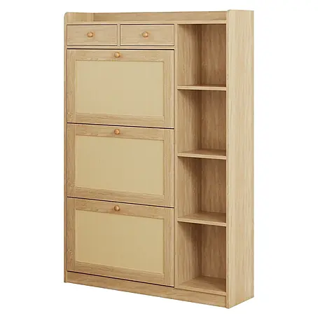 SONNENH Schuhschrank mit 3 Klappen und Seitenfächern, Natur