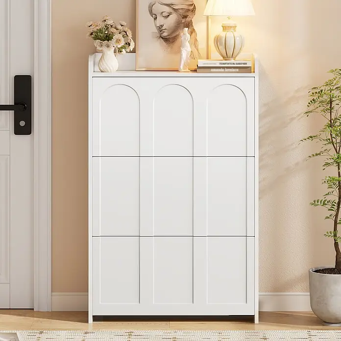 SONNENH Schuhschrank mit Bogenrelief und Klappfächern, Weiß -  - Weißer Schuhschrank mit Bogenpaneel-Design, Stauraum im Eingangsbereich bietend.