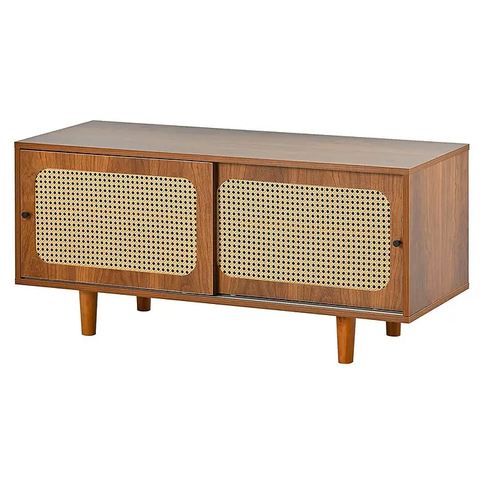 SONNENH Schuhschrank - Walnussoptik - Mid-Century-Modern Schrank aus dunklem Holz mit zwei Rattan-Schiebetüren und konischen Holzbeinen.