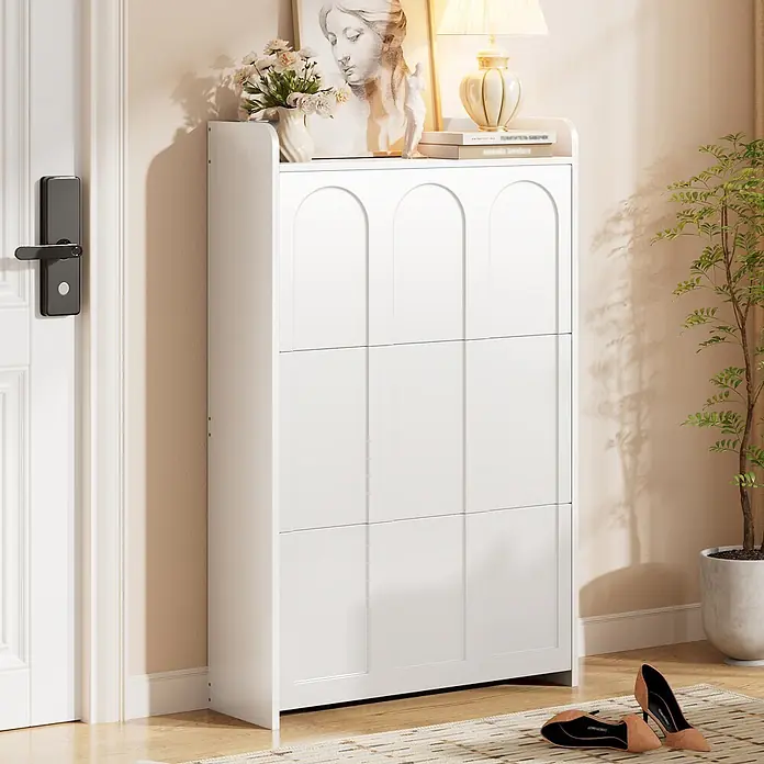 SONNENH Schuhschrank mit Bogenrelief und Klappfächern, Weiß -  - Weißer Schuhschrank mit gewölbten Türen, perfekt für den Eingangsbereich.
