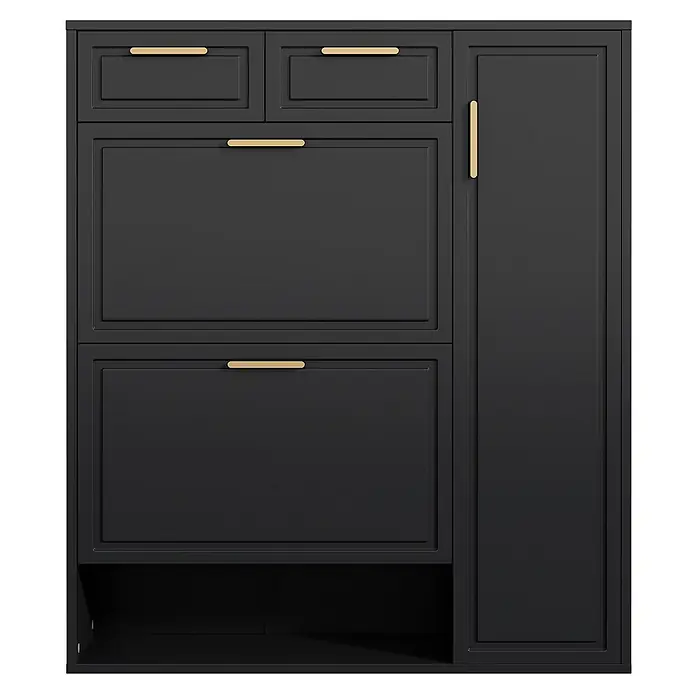SONNENH Schuhschrank - Schwarz - Schrank in Schwarz mit goldenen Griffen, Schubladen, Klapptüren und hohem Fach mit offener Ablage.