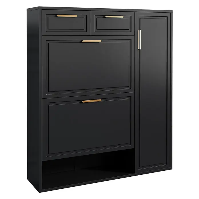SONNENH Schuhschrank - Schwarz - Schwarzer Aufbewahrungsschrank mit goldenen Griffen, Schubladen, Kippfächern, einem hohen Schrank und einem offenen Regal.