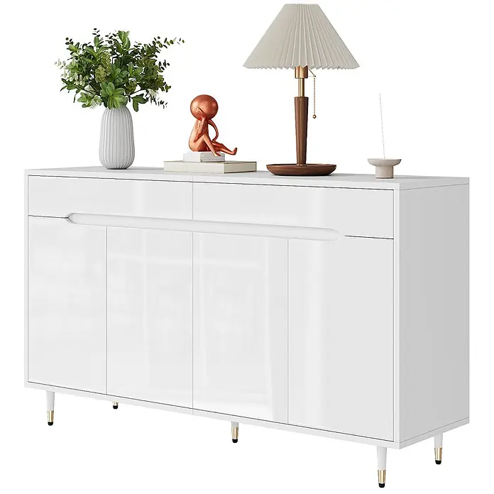 SONNENH Schuhschrank - Weiß/Gold - Weißes Hochglanz-Sideboard mit zwei oberen Schubladen und vier Türen unten, auf goldfarbenen Beinen stehend.